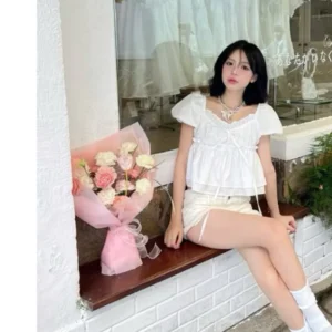 ÁO KIỂU BABYDOLL TRẮNG BÈO HAI LỚP THẮT NƠ XINH XẮN